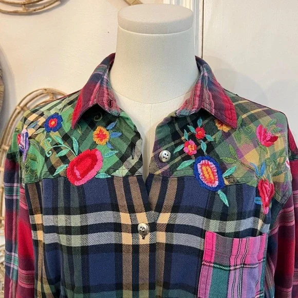 Vintage Patchwork Plaid Embroidered Shirt Cotton Button Up L Boho Western - Picture 3 of 8